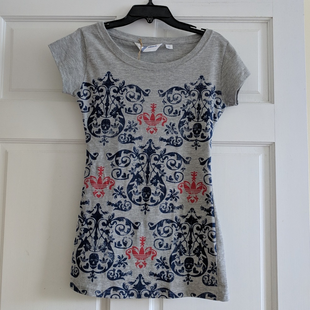 NWT Grey/Blue/Pink Adidas Gothic Print Tee in XS